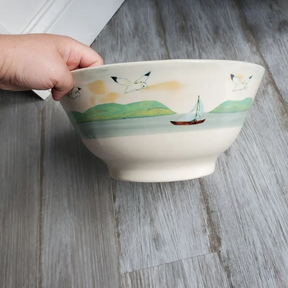 Oxney Green Hand Painted Large Bowl Lighthouse Nautical Seagull Boat Beach House